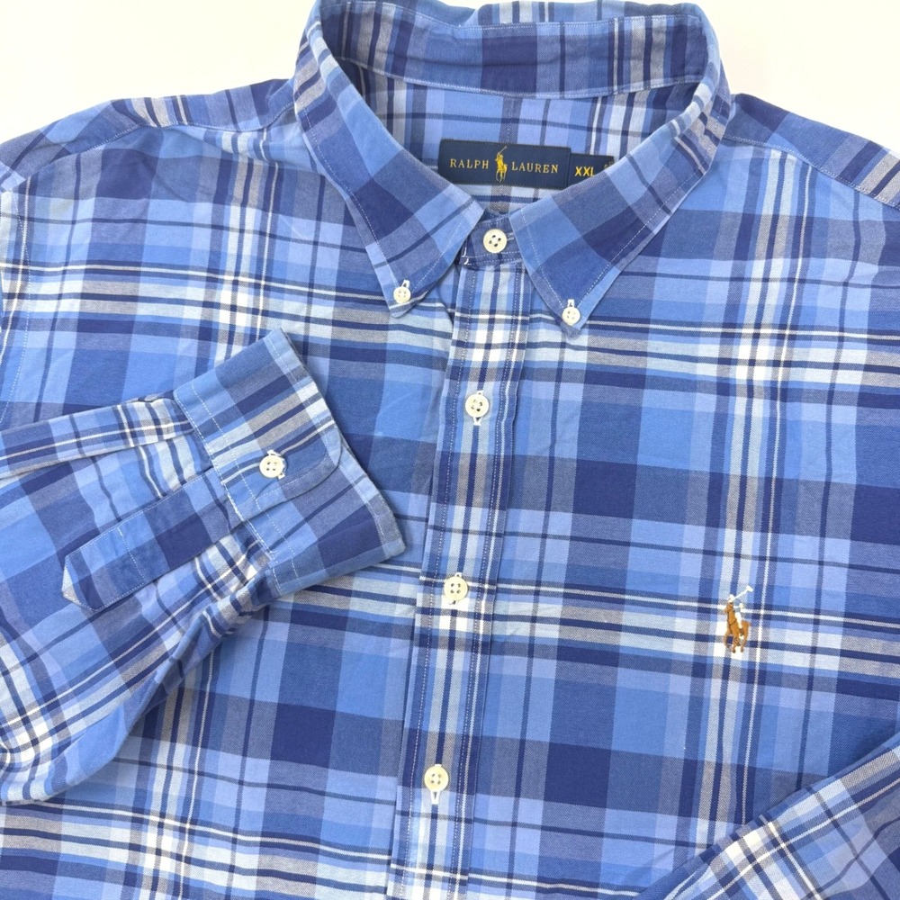 Ralph Lauren Mens XXL Blue Plaid Cotton Long Sleeve Button Down Shirt